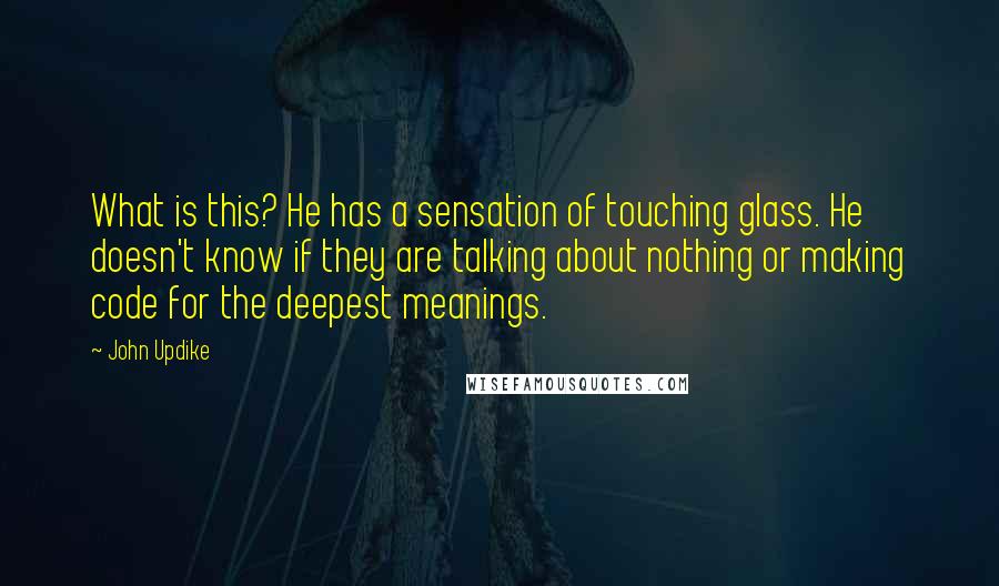 John Updike Quotes: What is this? He has a sensation of touching glass. He doesn't know if they are talking about nothing or making code for the deepest meanings.