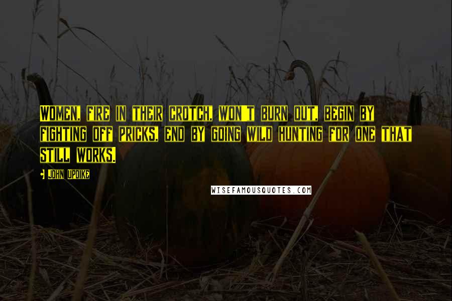 John Updike Quotes: Women, fire in their crotch, won't burn out, begin by fighting off pricks, end by going wild hunting for one that still works.