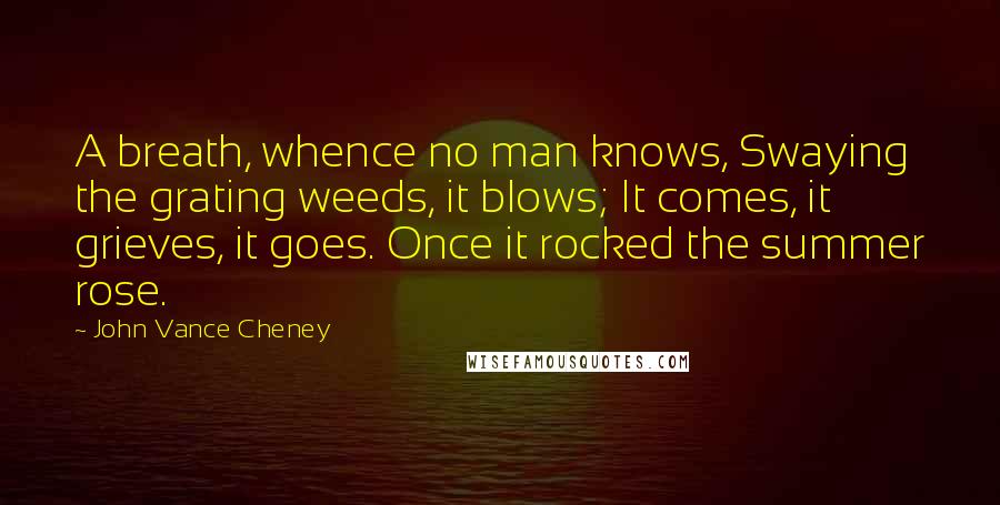 John Vance Cheney Quotes: A breath, whence no man knows, Swaying the grating weeds, it blows; It comes, it grieves, it goes. Once it rocked the summer rose.