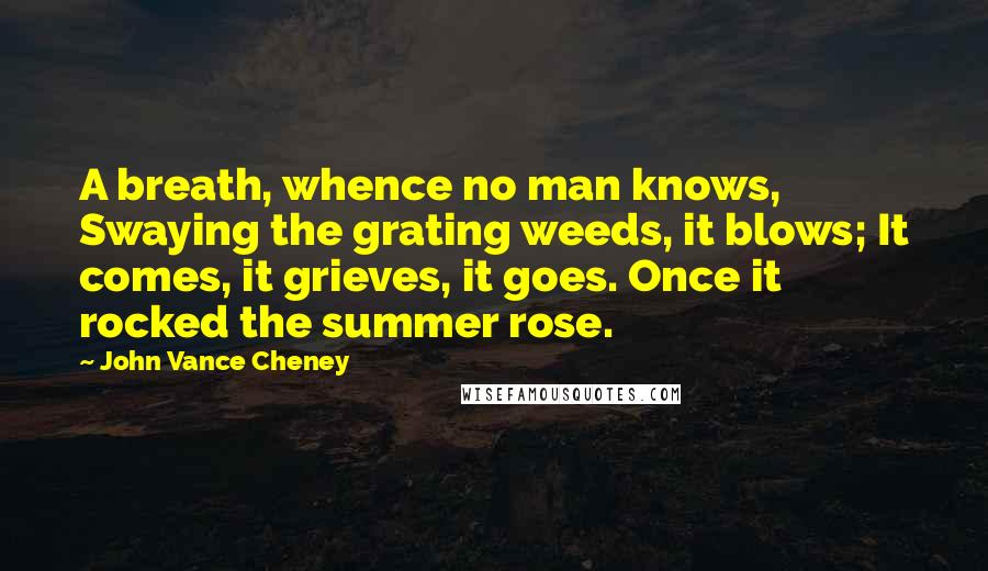 John Vance Cheney Quotes: A breath, whence no man knows, Swaying the grating weeds, it blows; It comes, it grieves, it goes. Once it rocked the summer rose.