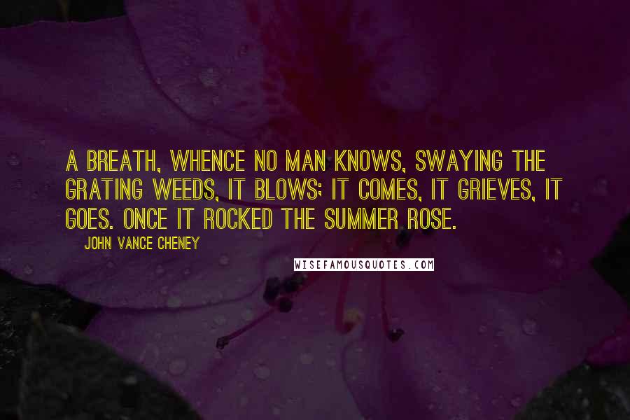 John Vance Cheney Quotes: A breath, whence no man knows, Swaying the grating weeds, it blows; It comes, it grieves, it goes. Once it rocked the summer rose.