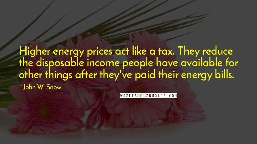 John W. Snow Quotes: Higher energy prices act like a tax. They reduce the disposable income people have available for other things after they've paid their energy bills.