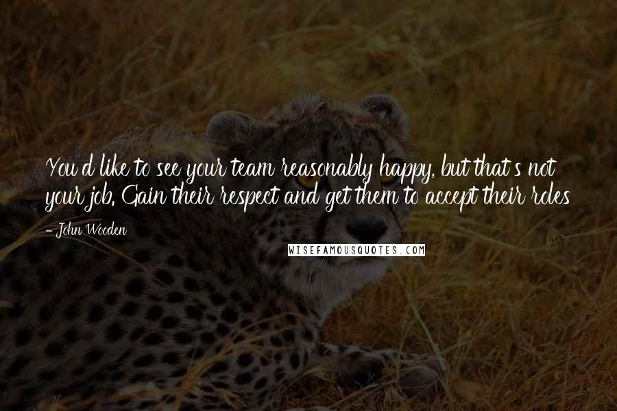 John Wooden Quotes: You'd like to see your team reasonably happy, but that's not your job. Gain their respect and get them to accept their roles