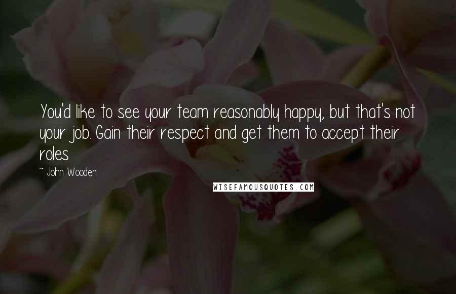 John Wooden Quotes: You'd like to see your team reasonably happy, but that's not your job. Gain their respect and get them to accept their roles