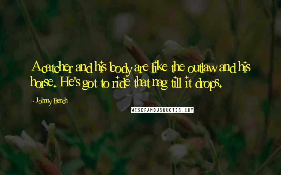 Johnny Bench Quotes: A catcher and his body are like the outlaw and his horse. He's got to ride that nag till it drops.