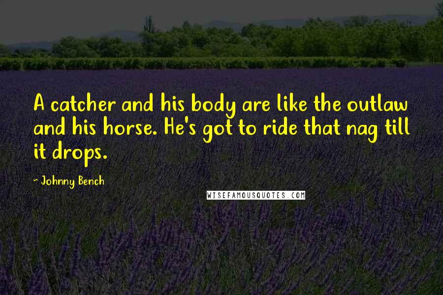 Johnny Bench Quotes: A catcher and his body are like the outlaw and his horse. He's got to ride that nag till it drops.