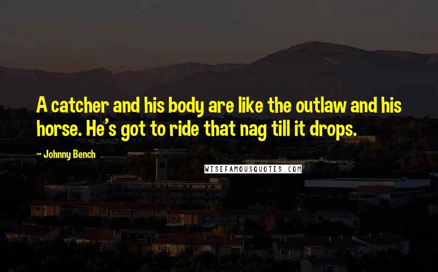 Johnny Bench Quotes: A catcher and his body are like the outlaw and his horse. He's got to ride that nag till it drops.