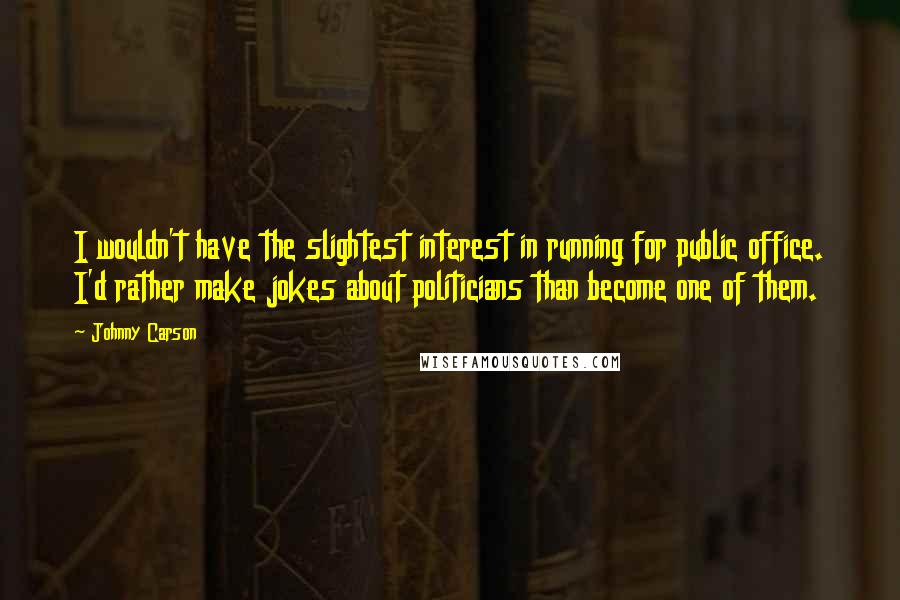 Johnny Carson Quotes: I wouldn't have the slightest interest in running for public office. I'd rather make jokes about politicians than become one of them.