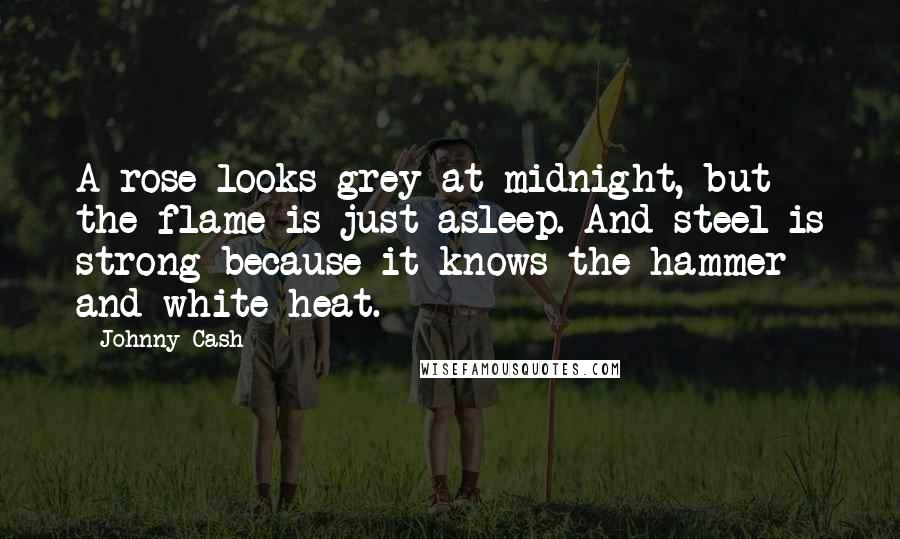 Johnny Cash Quotes: A rose looks grey at midnight, but the flame is just asleep. And steel is strong because it knows the hammer and white heat.