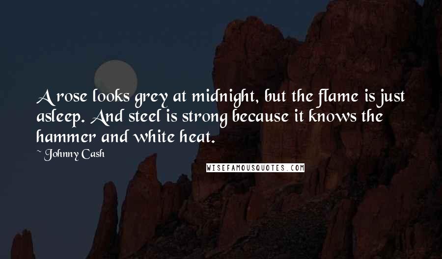 Johnny Cash Quotes: A rose looks grey at midnight, but the flame is just asleep. And steel is strong because it knows the hammer and white heat.