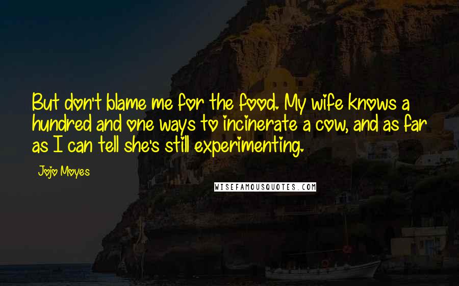 Jojo Moyes Quotes: But don't blame me for the food. My wife knows a hundred and one ways to incinerate a cow, and as far as I can tell she's still experimenting.
