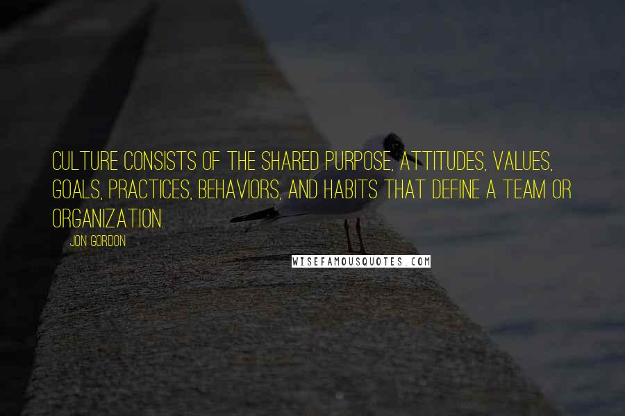 Jon Gordon Quotes: Culture consists of the shared purpose, attitudes, values, goals, practices, behaviors, and habits that define a team or organization.