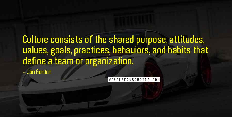 Jon Gordon Quotes: Culture consists of the shared purpose, attitudes, values, goals, practices, behaviors, and habits that define a team or organization.