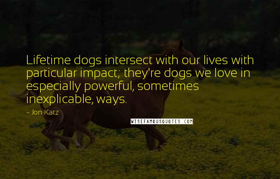 Jon Katz Quotes: Lifetime dogs intersect with our lives with particular impact; they're dogs we love in especially powerful, sometimes inexplicable, ways.