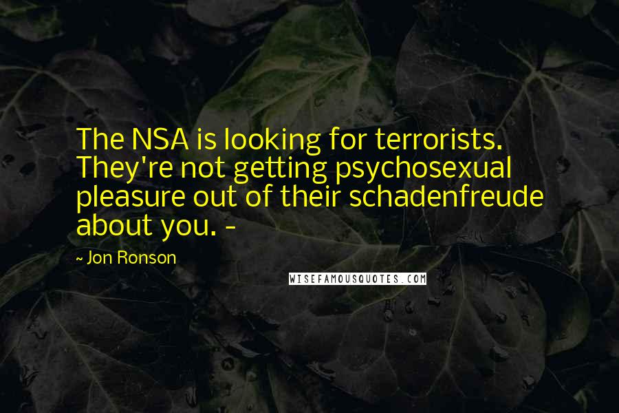 Jon Ronson Quotes: The NSA is looking for terrorists. They're not getting psychosexual pleasure out of their schadenfreude about you. - 
