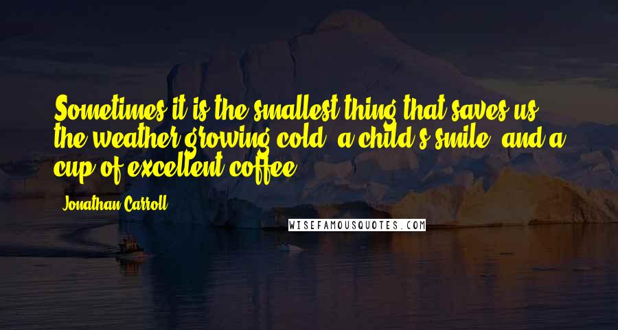 Jonathan Carroll Quotes: Sometimes it is the smallest thing that saves us: the weather growing cold, a child's smile, and a cup of excellent coffee.