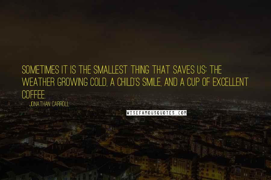 Jonathan Carroll Quotes: Sometimes it is the smallest thing that saves us: the weather growing cold, a child's smile, and a cup of excellent coffee.