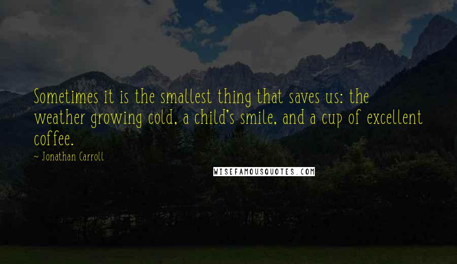 Jonathan Carroll Quotes: Sometimes it is the smallest thing that saves us: the weather growing cold, a child's smile, and a cup of excellent coffee.