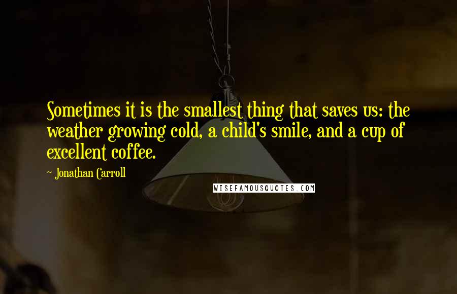 Jonathan Carroll Quotes: Sometimes it is the smallest thing that saves us: the weather growing cold, a child's smile, and a cup of excellent coffee.