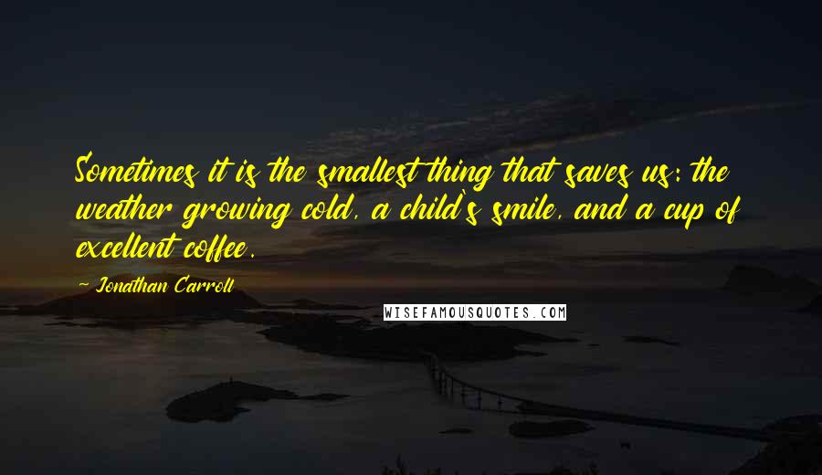 Jonathan Carroll Quotes: Sometimes it is the smallest thing that saves us: the weather growing cold, a child's smile, and a cup of excellent coffee.