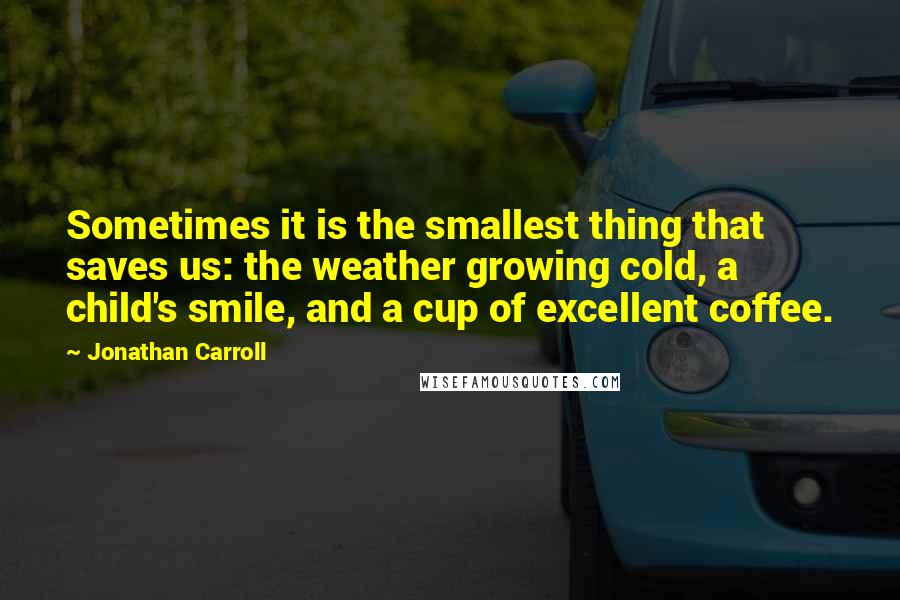 Jonathan Carroll Quotes: Sometimes it is the smallest thing that saves us: the weather growing cold, a child's smile, and a cup of excellent coffee.