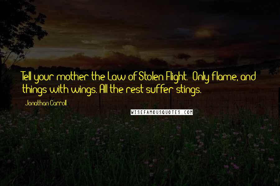 Jonathan Carroll Quotes: Tell your mother the Law of Stolen Flight.''Only flame, and things with wings. All the rest suffer stings.