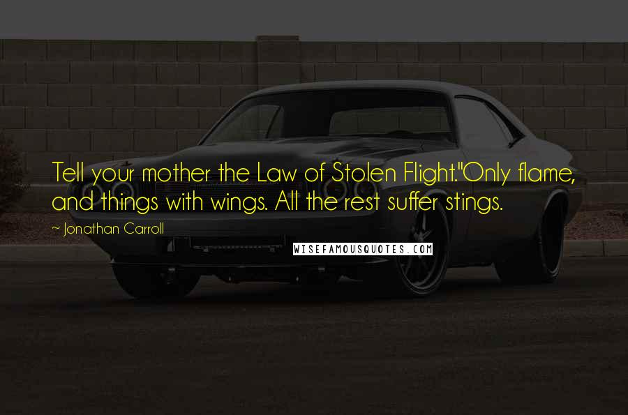 Jonathan Carroll Quotes: Tell your mother the Law of Stolen Flight.''Only flame, and things with wings. All the rest suffer stings.