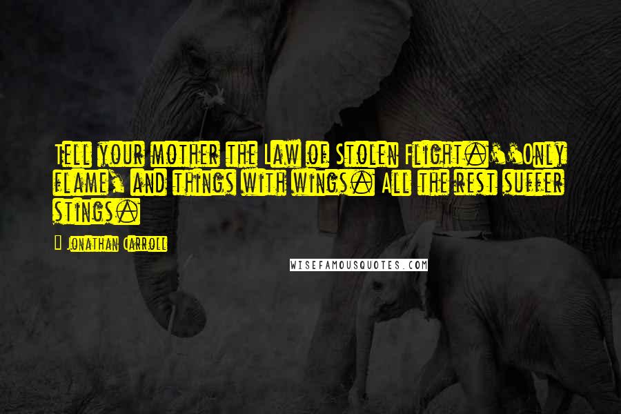 Jonathan Carroll Quotes: Tell your mother the Law of Stolen Flight.''Only flame, and things with wings. All the rest suffer stings.