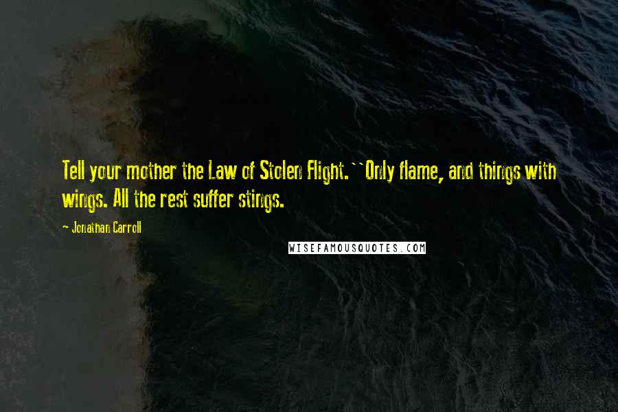Jonathan Carroll Quotes: Tell your mother the Law of Stolen Flight.''Only flame, and things with wings. All the rest suffer stings.