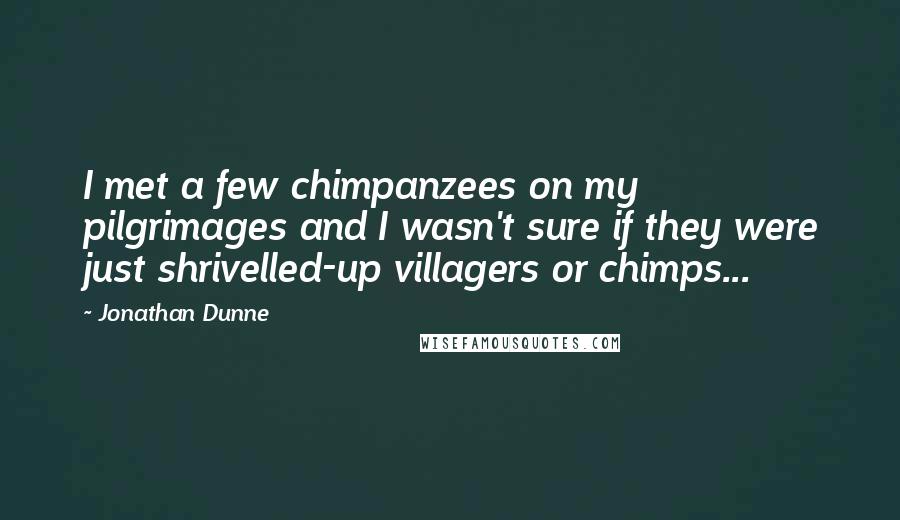 Jonathan Dunne Quotes: I met a few chimpanzees on my pilgrimages and I wasn't sure if they were just shrivelled-up villagers or chimps...