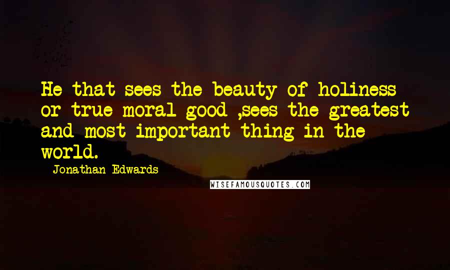 Jonathan Edwards Quotes: He that sees the beauty of holiness or true moral good ,sees the greatest and most important thing in the world.