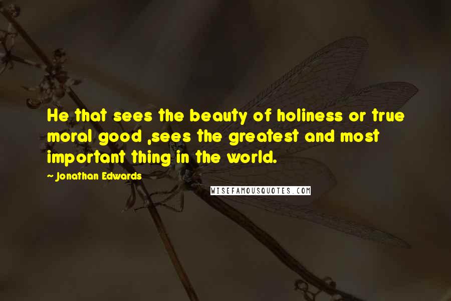 Jonathan Edwards Quotes: He that sees the beauty of holiness or true moral good ,sees the greatest and most important thing in the world.