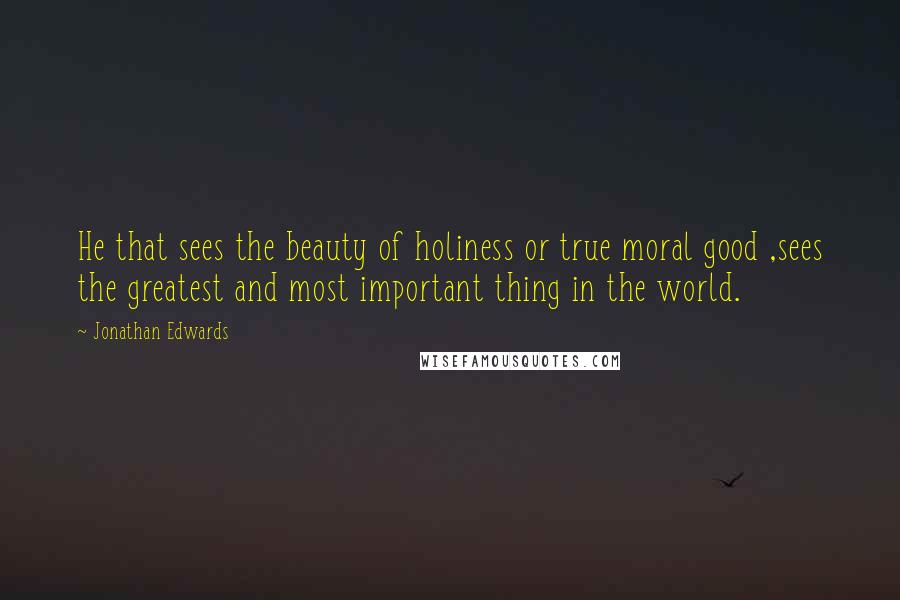Jonathan Edwards Quotes: He that sees the beauty of holiness or true moral good ,sees the greatest and most important thing in the world.