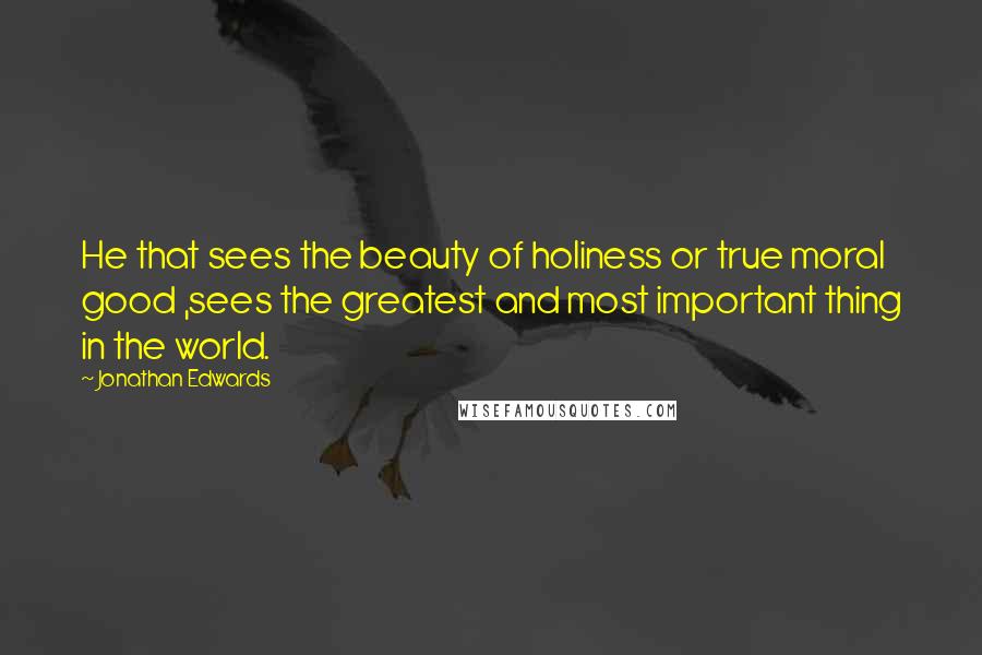 Jonathan Edwards Quotes: He that sees the beauty of holiness or true moral good ,sees the greatest and most important thing in the world.