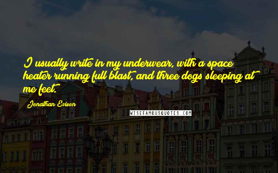 Jonathan Evison Quotes: I usually write in my underwear, with a space heater running full blast, and three dogs sleeping at me feet.