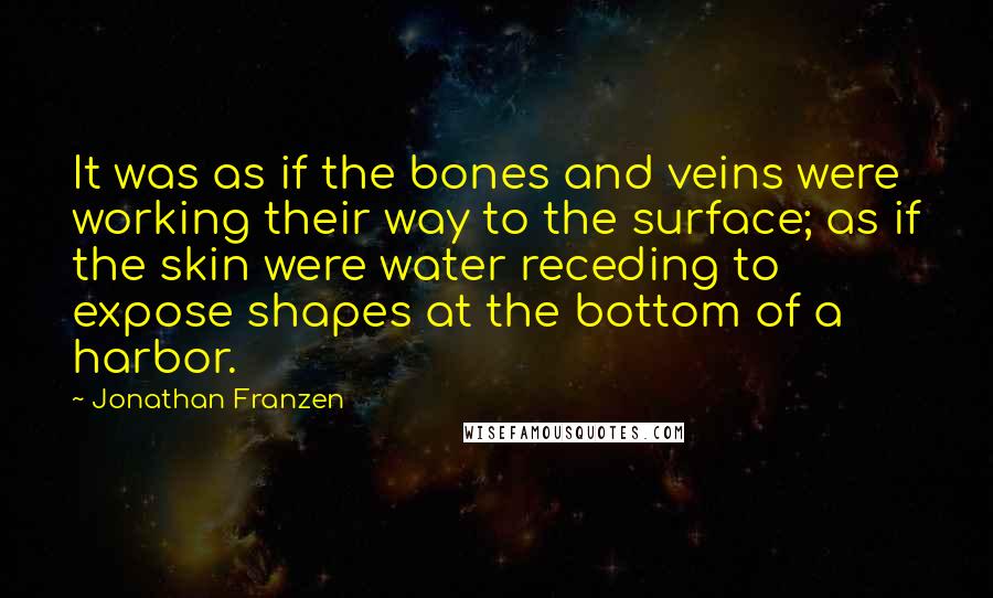 Jonathan Franzen Quotes: It was as if the bones and veins were working their way to the surface; as if the skin were water receding to expose shapes at the bottom of a harbor.