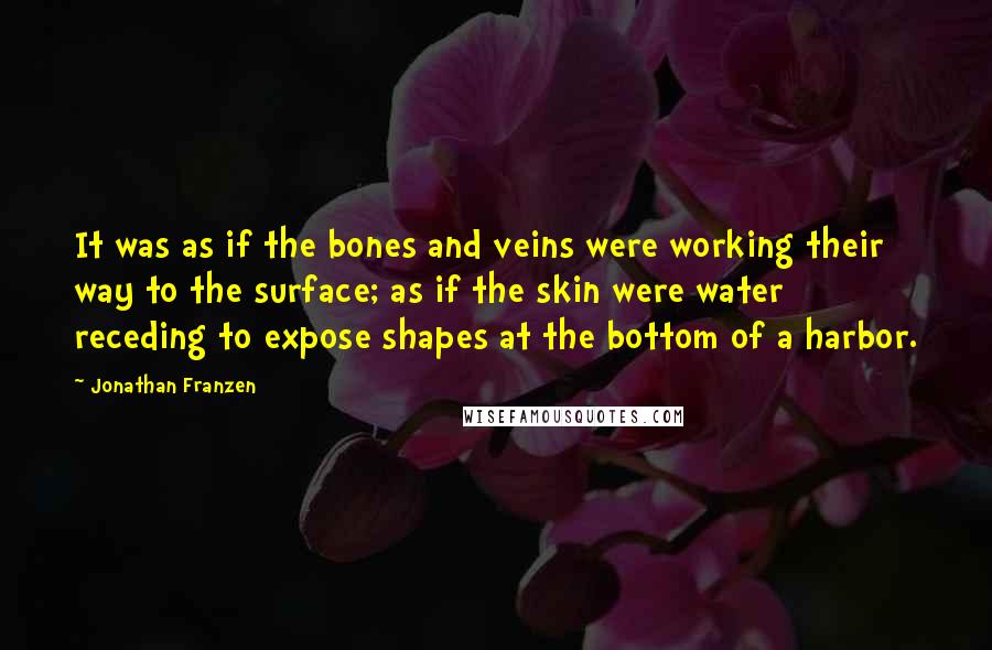 Jonathan Franzen Quotes: It was as if the bones and veins were working their way to the surface; as if the skin were water receding to expose shapes at the bottom of a harbor.