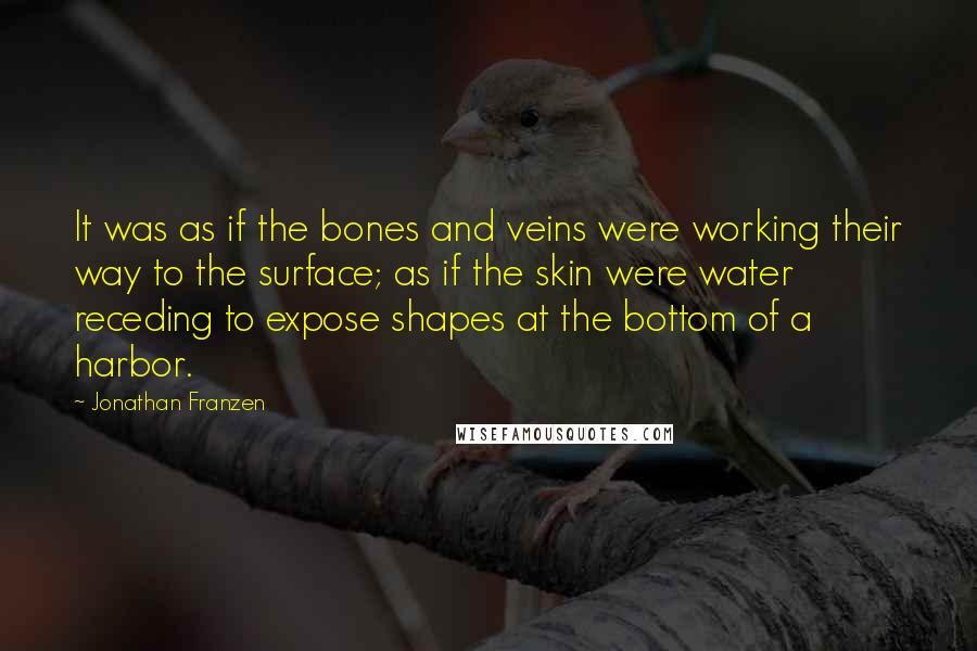 Jonathan Franzen Quotes: It was as if the bones and veins were working their way to the surface; as if the skin were water receding to expose shapes at the bottom of a harbor.
