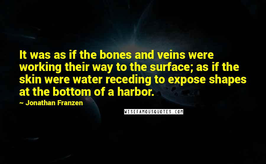 Jonathan Franzen Quotes: It was as if the bones and veins were working their way to the surface; as if the skin were water receding to expose shapes at the bottom of a harbor.