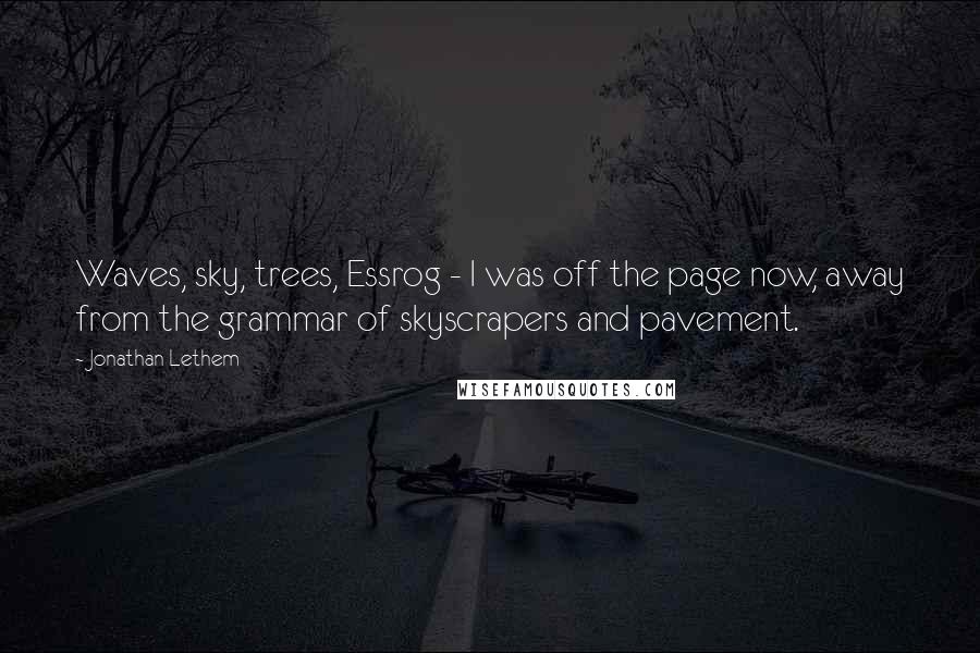 Jonathan Lethem Quotes: Waves, sky, trees, Essrog - I was off the page now, away from the grammar of skyscrapers and pavement.