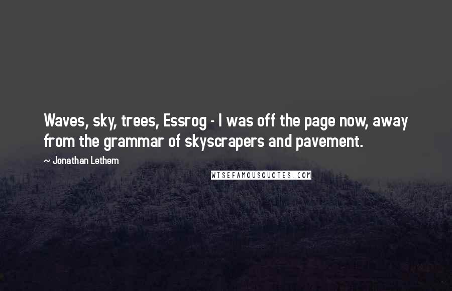 Jonathan Lethem Quotes: Waves, sky, trees, Essrog - I was off the page now, away from the grammar of skyscrapers and pavement.