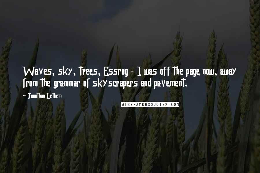 Jonathan Lethem Quotes: Waves, sky, trees, Essrog - I was off the page now, away from the grammar of skyscrapers and pavement.