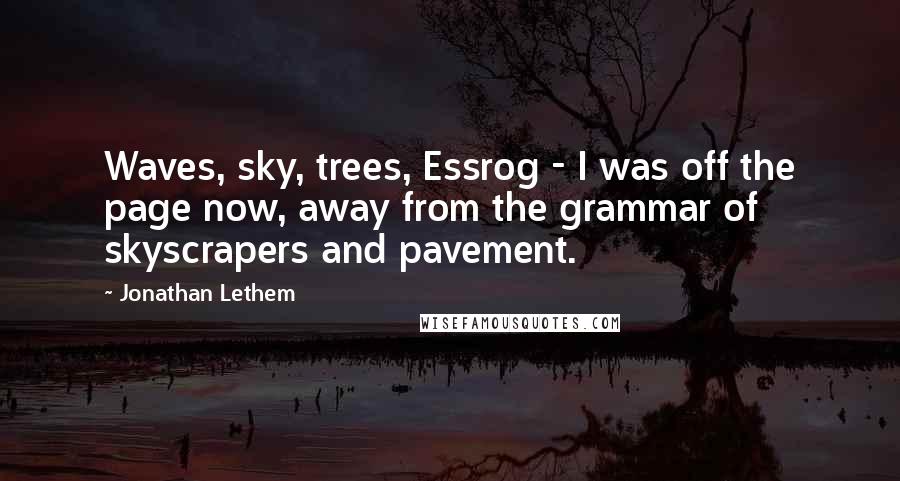 Jonathan Lethem Quotes: Waves, sky, trees, Essrog - I was off the page now, away from the grammar of skyscrapers and pavement.