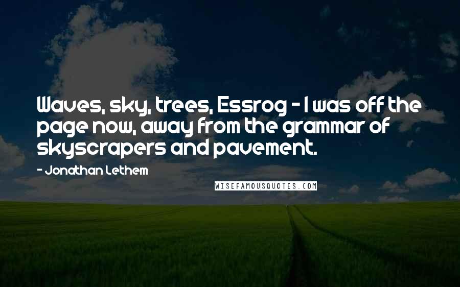 Jonathan Lethem Quotes: Waves, sky, trees, Essrog - I was off the page now, away from the grammar of skyscrapers and pavement.