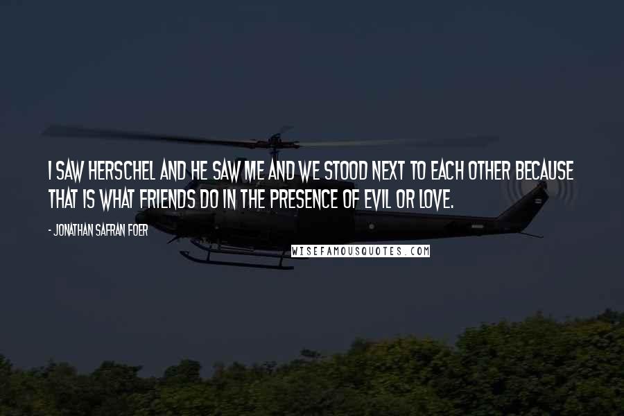 Jonathan Safran Foer Quotes: I saw Herschel and he saw me and we stood next to each other because that is what friends do in the presence of evil or love.