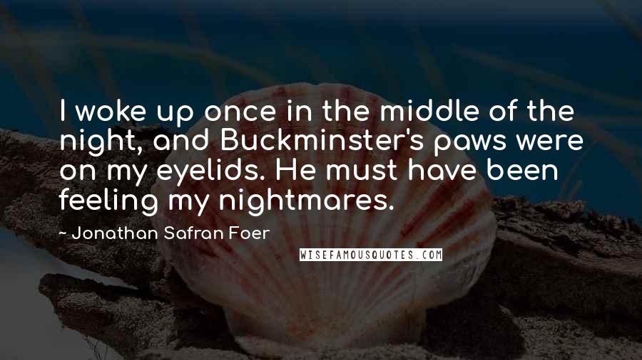 Jonathan Safran Foer Quotes: I woke up once in the middle of the night, and Buckminster's paws were on my eyelids. He must have been feeling my nightmares.