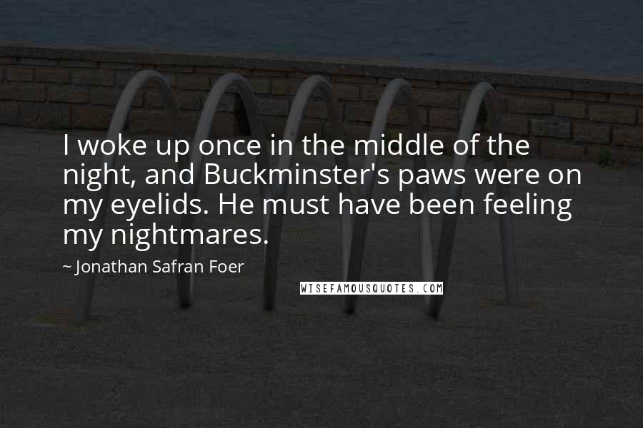 Jonathan Safran Foer Quotes: I woke up once in the middle of the night, and Buckminster's paws were on my eyelids. He must have been feeling my nightmares.