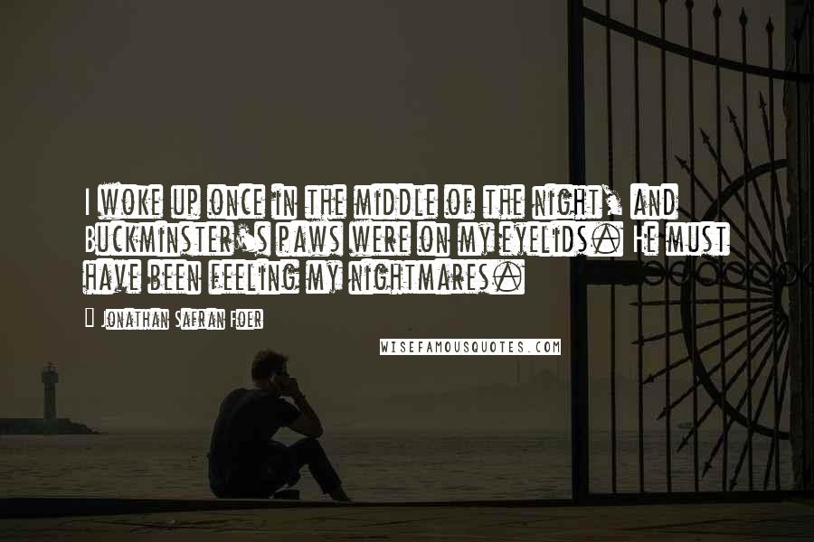 Jonathan Safran Foer Quotes: I woke up once in the middle of the night, and Buckminster's paws were on my eyelids. He must have been feeling my nightmares.