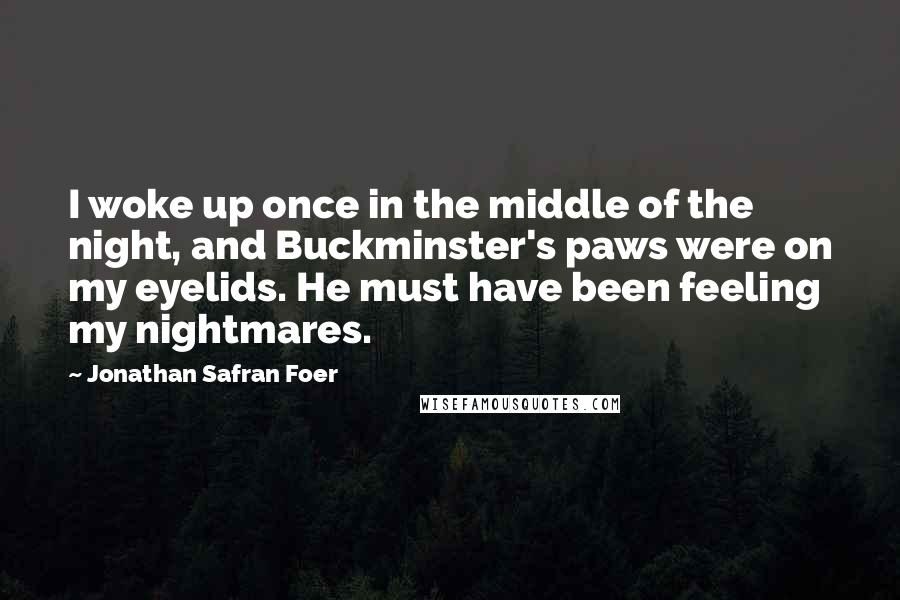 Jonathan Safran Foer Quotes: I woke up once in the middle of the night, and Buckminster's paws were on my eyelids. He must have been feeling my nightmares.