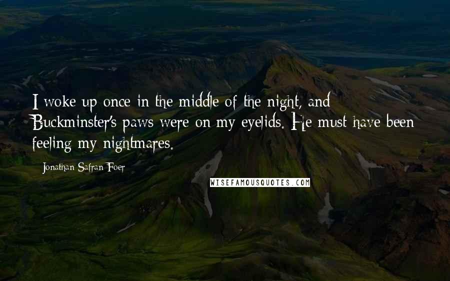 Jonathan Safran Foer Quotes: I woke up once in the middle of the night, and Buckminster's paws were on my eyelids. He must have been feeling my nightmares.